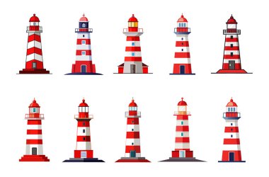 On farklı kırmızı ve beyaz çizgili karikatür deniz feneri tasarımı koleksiyonu