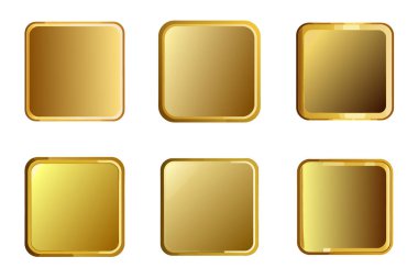 Altı adet parlak altın yuvarlak kare düğme ya da simge şekilleri koleksiyonu