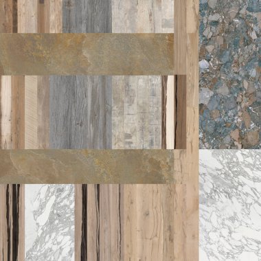 Beyaz mermer, ahşap, taş ve beton hepsi mozaik duvar kağıdı arka planında birleşmiş. Mozaik arka planda beyaz mermer, üçgen geometride doğal taşlar ve ahşap karışımı..