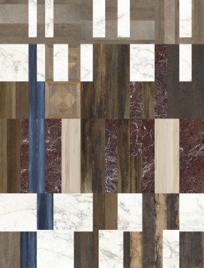 Beyaz mermer, ahşap, taş ve beton hepsi mozaik duvar kağıdı arka planında birleşmiş. Mozaik arka planda beyaz mermer, üçgen geometride doğal taşlar ve ahşap karışımı..