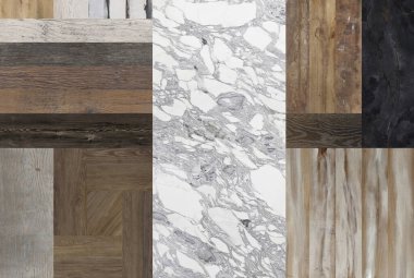 Beyaz mermer, ahşap, taş ve beton hepsi mozaik duvar kağıdı arka planında birleşmiş. Mozaik arka planda beyaz mermer, üçgen geometride doğal taşlar ve ahşap karışımı..