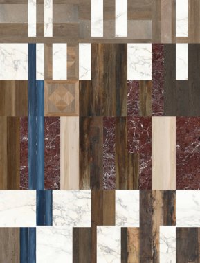 Beyaz mermer, ahşap, taş ve beton hepsi mozaik duvar kağıdı arka planında birleşmiş. Mozaik arka planda beyaz mermer, üçgen geometride doğal taşlar ve ahşap karışımı..