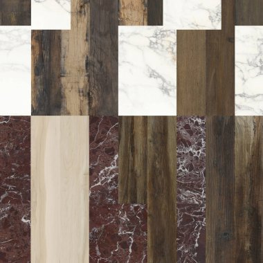 Beyaz mermer, ahşap, taş ve beton hepsi mozaik duvar kağıdı arka planında birleşmiş. Mozaik arka planda beyaz mermer, üçgen geometride doğal taşlar ve ahşap karışımı..