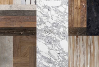 Beyaz mermer, ahşap, taş ve beton hepsi mozaik duvar kağıdı arka planında birleşmiş. Mozaik arka planda beyaz mermer, üçgen geometride doğal taşlar ve ahşap karışımı..