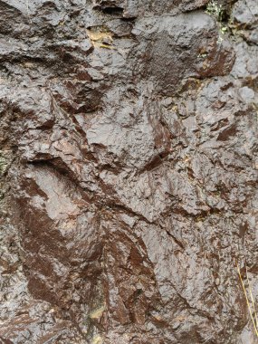 Doğal bir taşın arka planı, şelalenin altında, böylece ıslak görünüyor. Doğal Taş Duvar. Fotoğraf yağmur yağdıktan sonra çekildi..