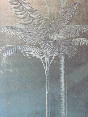 Tropikal palmiye yaprakları ile soyut lüks sanat arka planında mavi ve yeşil renklerde altın sanat çizgisi tarzında.