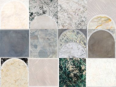 Duvar kağıdı, zemin, duvar, ev ve dijital kullanım için kemer ve dekorasyonla çeşitli bilye ve taşlardan oluşan yaratıcı yama deseni.