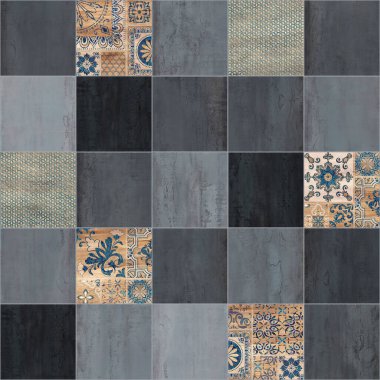 Beton ya da metalik tasarım, yama biçiminde el yapımı dekorasyon modeliyle karıştırılmış..