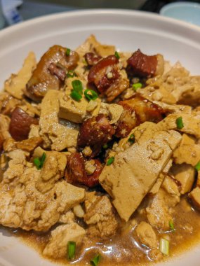 Sichuan Tofu 'dan popüler Çin Baharatlı Tabağı. Mapo Tofu - Sichuan 'lı popüler bir Çin Baharat Tabağı Kıymalı, acı biber soslu