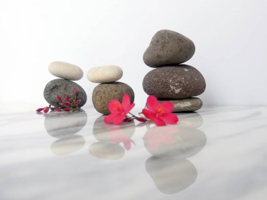 Zen taşı piramidi beyaz arkaplanda izole edilmiş çiçeklerle karıştırılmış.