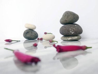 Zen çakıl taşları ve çiçekler. Taş kaplıca ve sağlık sigortası konsepti. Beyaz mermer bir zeminde izole edilmiş.