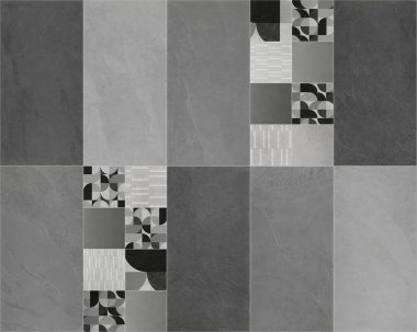 Güzel yama kalıbı. Taşların, beton ve beyaz bilyelerin ve doğrusal geometrik dekorasyonun karışımı.