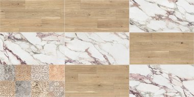 Güzel yama kalıbı. Beyaz misket, ahşap ve geometrik dekorasyon desenlerinin karışımı..