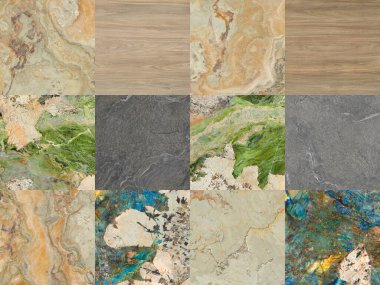 Farklı geometrilerde çeşitli doğal taşlardan veya mermerden oluşan arkaplan duvar kağıdı