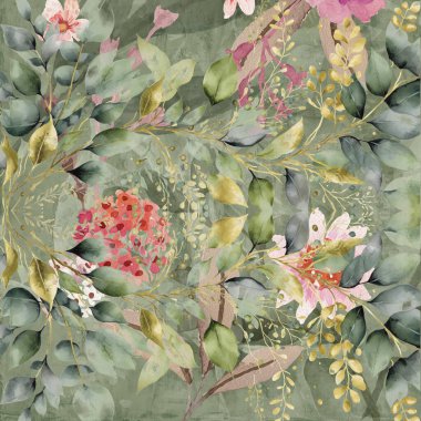 Duvar kâğıdı, orman çiçekleri deseni. Rüzgarda sallanan çiçekler, yapraklar ve çiçekler sanat tasarımı