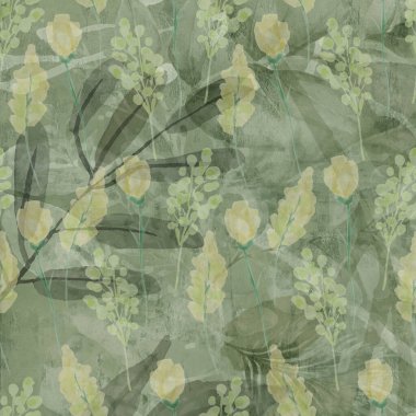 Duvar kâğıdı, orman çiçekleri deseni. Rüzgarda sallanan çiçekler, yapraklar ve çiçekler sanat tasarımı