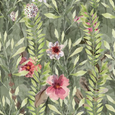 Duvar kâğıdı, orman çiçekleri deseni. Rüzgarda sallanan çiçekler, yapraklar ve çiçekler sanat tasarımı