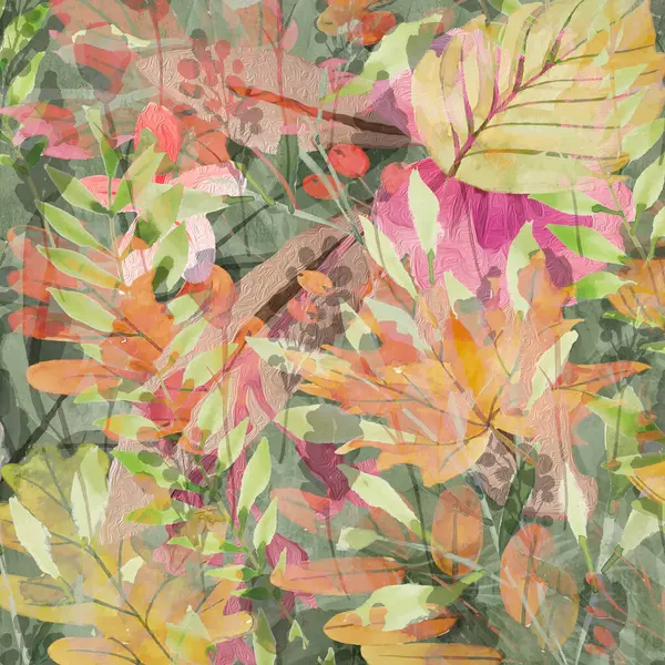 Duvar kâğıdı, orman çiçekleri deseni. Rüzgarda sallanan çiçekler, yapraklar ve çiçekler sanat tasarımı