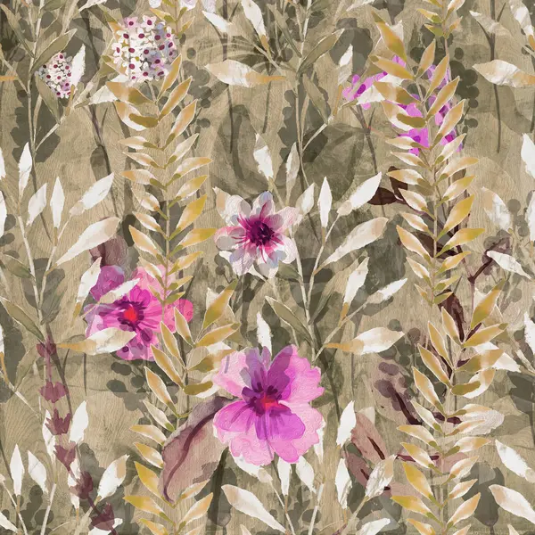 Duvar kâğıdı, orman çiçekleri deseni. Rüzgarda sallanan çiçekler, yapraklar ve çiçekler sanat tasarımı