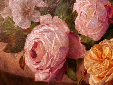 Yağlı boya tablonun bir parçası. Birkaç renkli çiçek çizdim. Soyut renkli arkaplan