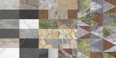 Güzel yama kalıbı. Taşlar, beton ve misket karışımı. Çiçekli geometrik süsleme. Duvar kağıdı, tekstil veya dijital kullanım.