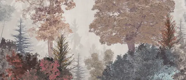 Ağaçlar, bambu ve manzaralı kusursuz orman deseni. Vahşi yaşam unsurları, tekstil ağaçları, duvar kağıtları, örtüler. İç dekorasyon için ormansız desen.