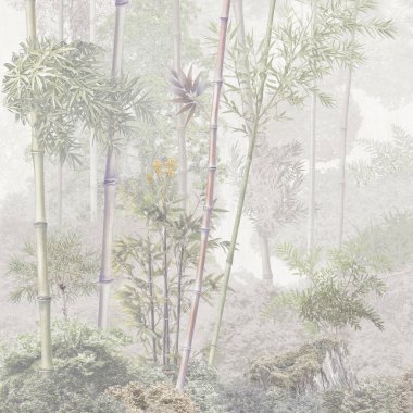 Ağaçlar, bambu ve manzaralı kusursuz orman deseni. Vahşi yaşam unsurları, tekstil ağaçları, duvar kağıtları, örtüler. İç dekorasyon için ormansız desen.