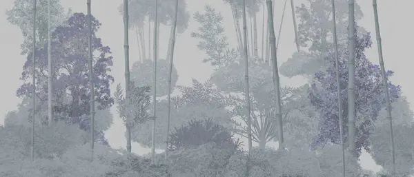 Ağaçlar, bambu ve manzaralı kusursuz orman deseni. Vahşi yaşam unsurları, tekstil ağaçları, duvar kağıtları, örtüler. İç dekorasyon için ormansız desen.