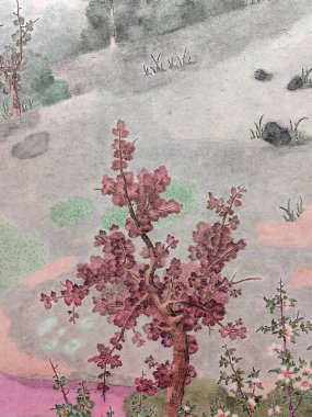 Suluboya orman manzarası. Puslu mavi köknar ormanı. Vahşi doğa, donmuş, sisli, taiga. Soyut, uzun, yatay. Suluboya mavi orman uzun yatay manzara.