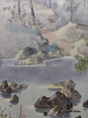 Suluboya orman manzarası. Puslu mavi köknar ormanı. Vahşi doğa, donmuş, sisli, taiga. Soyut, uzun, yatay. Suluboya mavi orman uzun yatay manzara.