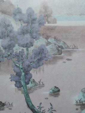 Suluboya orman manzarası. Puslu mavi köknar ormanı. Vahşi doğa, donmuş, sisli, taiga. Soyut, uzun, yatay. Suluboya mavi orman uzun yatay manzara.