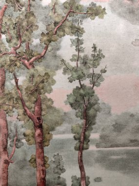 Suluboya orman manzarası. Puslu mavi köknar ormanı. Vahşi doğa, donmuş, sisli, taiga. Soyut, uzun, yatay. Suluboya mavi orman uzun yatay manzara.