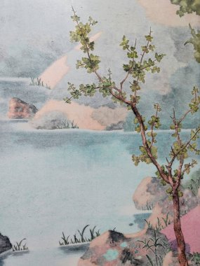 Suluboya orman manzarası. Puslu mavi köknar ormanı. Vahşi doğa, donmuş, sisli, taiga. Soyut, uzun, yatay. Suluboya mavi orman uzun yatay manzara.