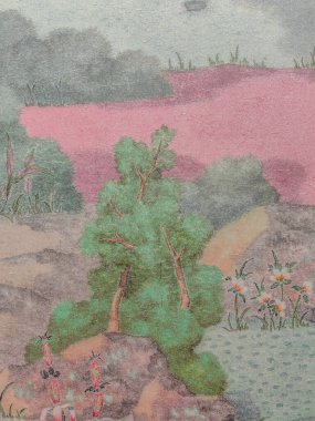 Suluboya orman manzarası. Puslu mavi köknar ormanı. Vahşi doğa, donmuş, sisli, taiga. Soyut, uzun, yatay. Suluboya mavi orman uzun yatay manzara.