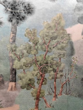 Suluboya orman manzarası. Puslu mavi köknar ormanı. Vahşi doğa, donmuş, sisli, taiga. Soyut, uzun, yatay. Suluboya mavi orman uzun yatay manzara.