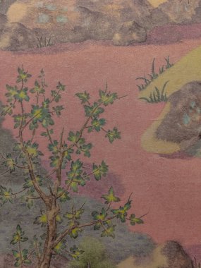 Suluboya orman manzarası. Puslu mavi köknar ormanı. Vahşi doğa, donmuş, sisli, taiga. Soyut, uzun, yatay. Suluboya mavi orman uzun yatay manzara.