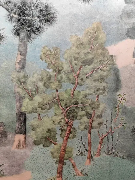 Suluboya orman manzarası. Puslu mavi köknar ormanı. Vahşi doğa, donmuş, sisli, taiga. Soyut, uzun, yatay. Suluboya mavi orman uzun yatay manzara.