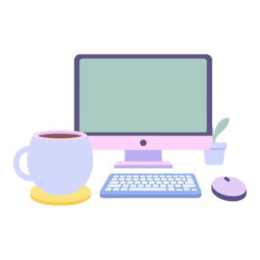 Kahve fincanı ve bitki ile modern masaüstü bilgisayar kurulumu, yaratıcı çalışma alanları ve üretkenlik ilhamı için mükemmel.