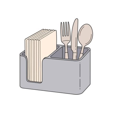 Yemek servisi için hazır, restoranlar ve kafeler için mükemmel modern bir şeker kutusunda düzgün organize edilmiş çatal bıçak ve peçeteler..