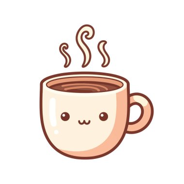 Tapılası Kawaii kahve fincanı buharı tüten sıcak bir içecek ve tatlı mutlu bir yüz gününüze sıcaklık ve rahatlık getirir.