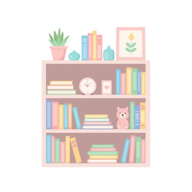 Kitaplarla, dekorlarla ve sevimli bir oyuncak ayıyla dolu büyüleyici bir pastel kitap rafı. Rahat bir ev ya da çocuk odası tasarımları için mükemmel..