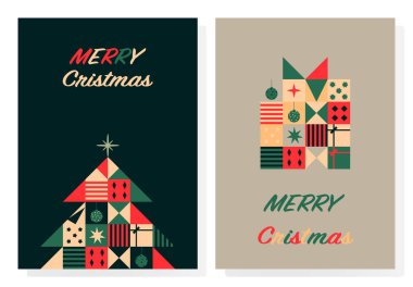 Kış Yaprakları Tatil kartları. Süslü Noel Ağacı, ren geyiği, çiçek arkaplanı ve kopyalanmış çerçeveli evrensel Noel şablonları, kuşlar ve selamlar.