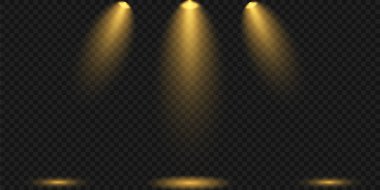 Sahnede, sahnede, podyumda ışıklar parlıyor. Spot ışıklarıyla parlak bir ışık. Olay yerinin ışıklandırması. Lamba ya da noktadan mercek etkisi