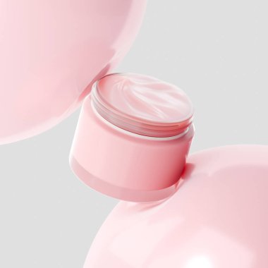 Beyaz arka planda yumuşak pembe balonlarla çevrili zarif pembe krema kavanozu, 3 boyutlu illüstrasyon