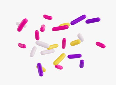 Parlak ve renkli şeker parçacıkları etrafa saçılmış ve havada yüzüyor. 3d illüstrasyon