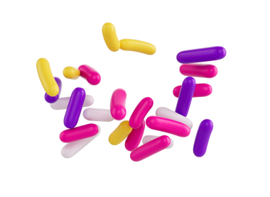 Parlak ve renkli şekerler serpiştirilmiş ve havada yüzüyor, üç boyutlu bir resim.