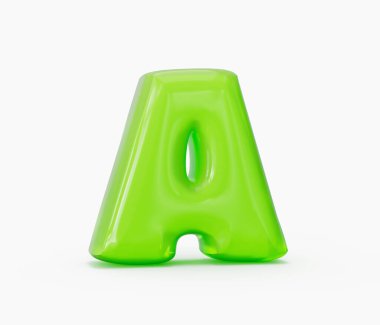 Beyaz arka planda izole edilmiş yeşil renkli parlak jöle alfabesi. 3d illüstrasyon