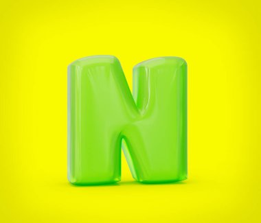 Sarı arka planda yeşil, parlak, jöle alfabesi N izole edilmiş. 3d illüstrasyon