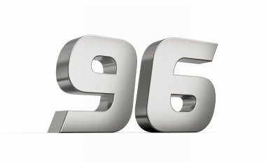 3D gümüş numara 96. Parlak metalik görünüş beyaz arka planda izole edilmiş, 3D çizim.