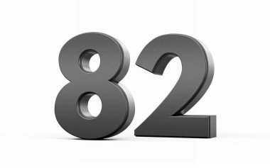 Parlak metalik siyah 82 numara. 82 numara. Beyaz bir arka planda duruyor. 3D çizim.